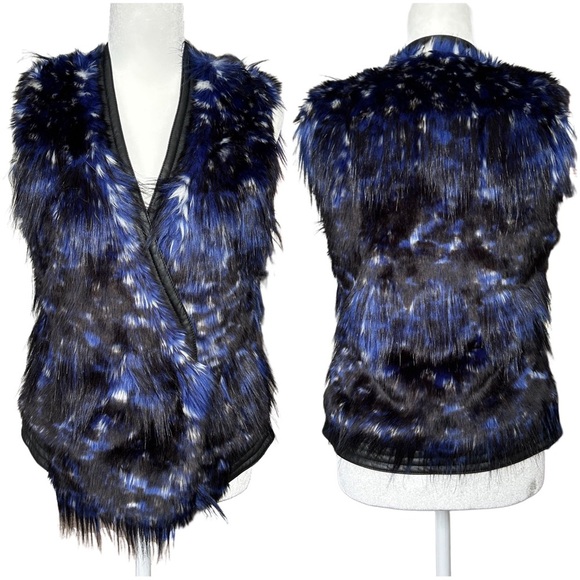 June by June Ambrose Faux Fur Faux Leather Snap Button Black Blue Vest NWT XS - Picture 1 of 11